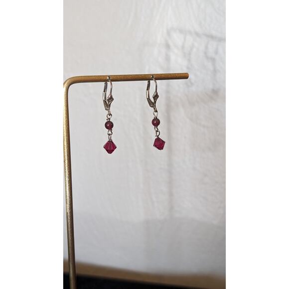 Vintage Garnet & Red Crystal Marked 925 Leverback Dangle Earrings - Picture 4 of 7